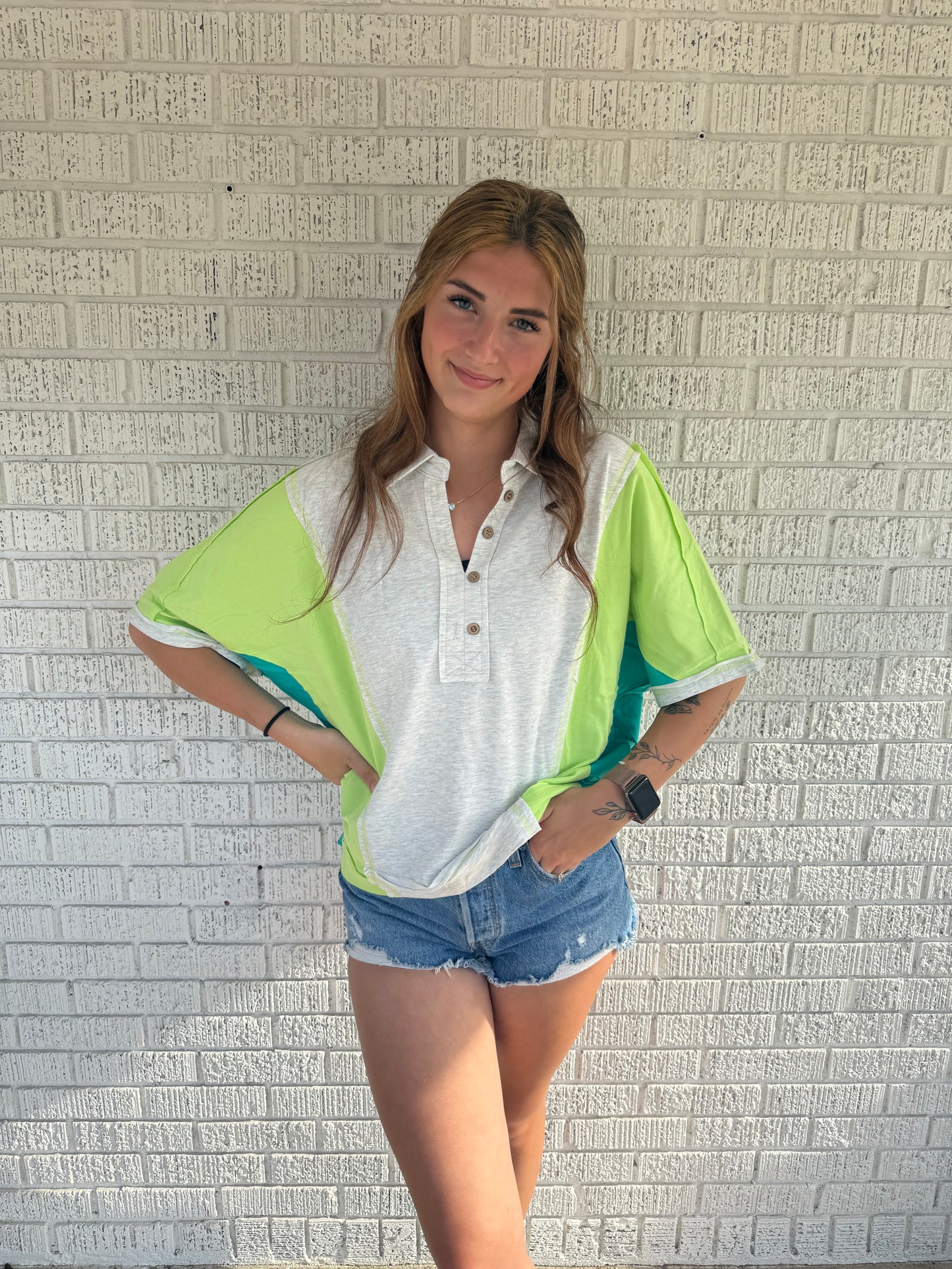Oversized Green & Turquoise Color Block Top