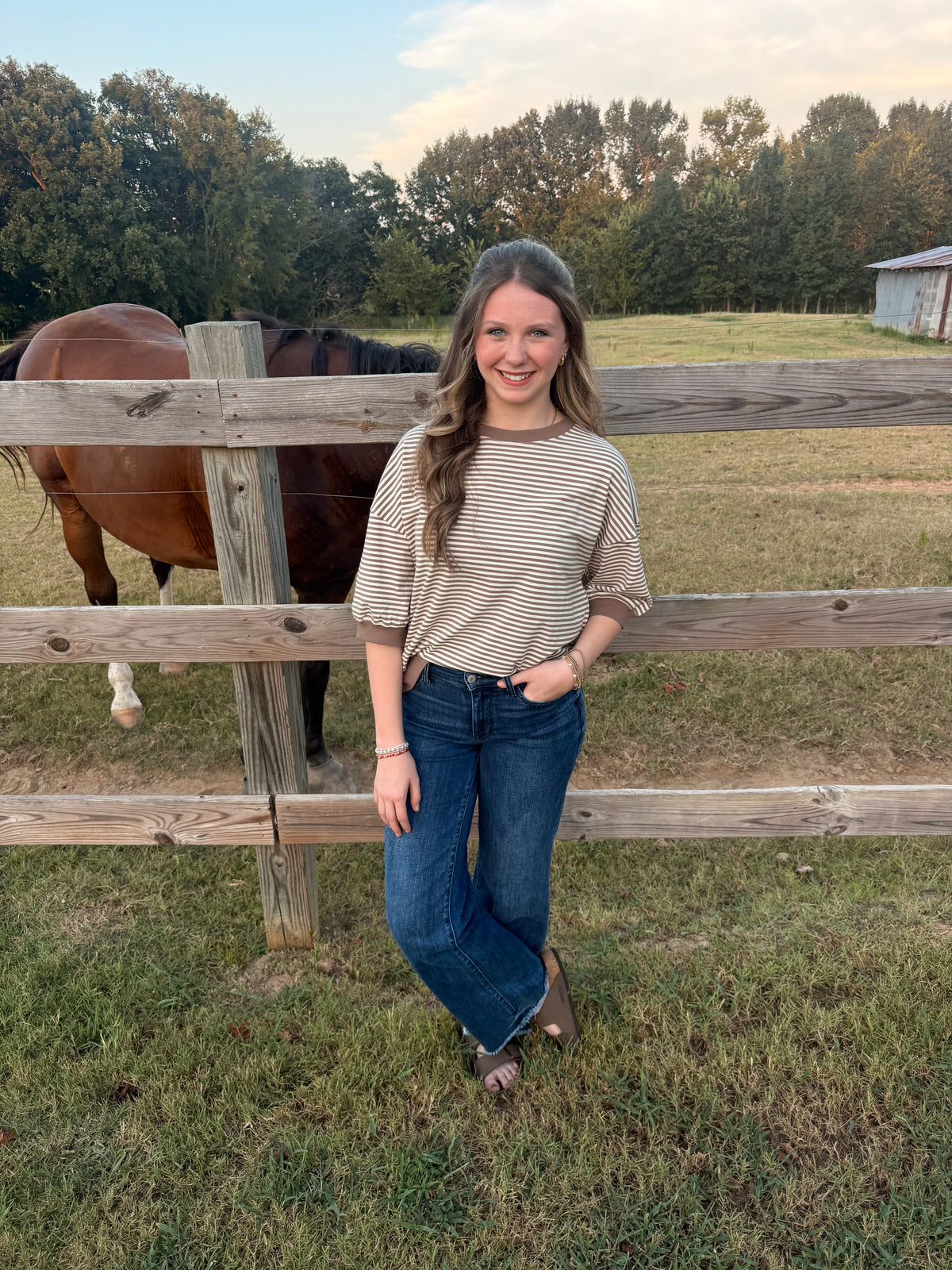 Mocha Striped Contrast Trim Top