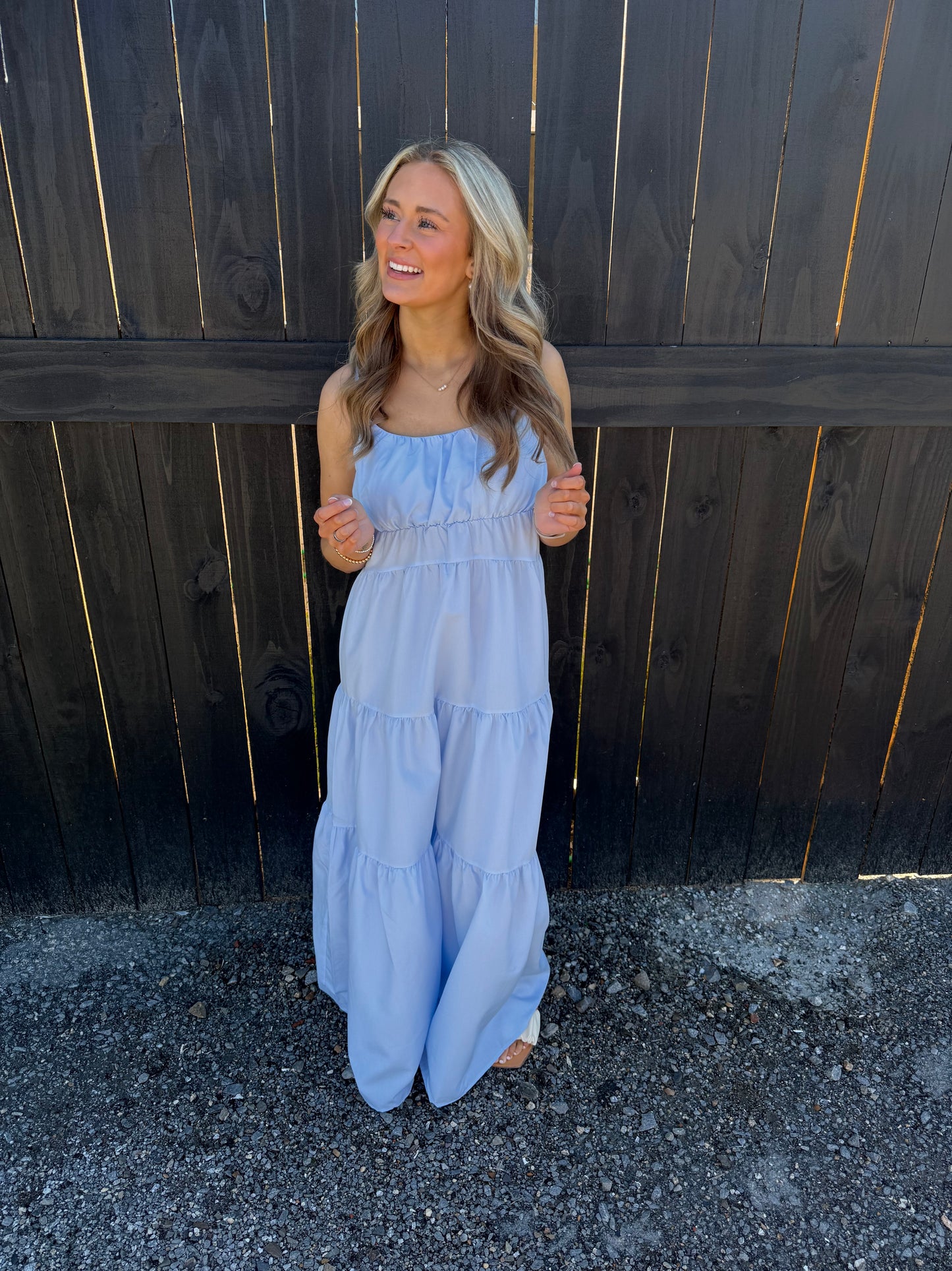 Baby Blue Poplin Tiered Dress ￼