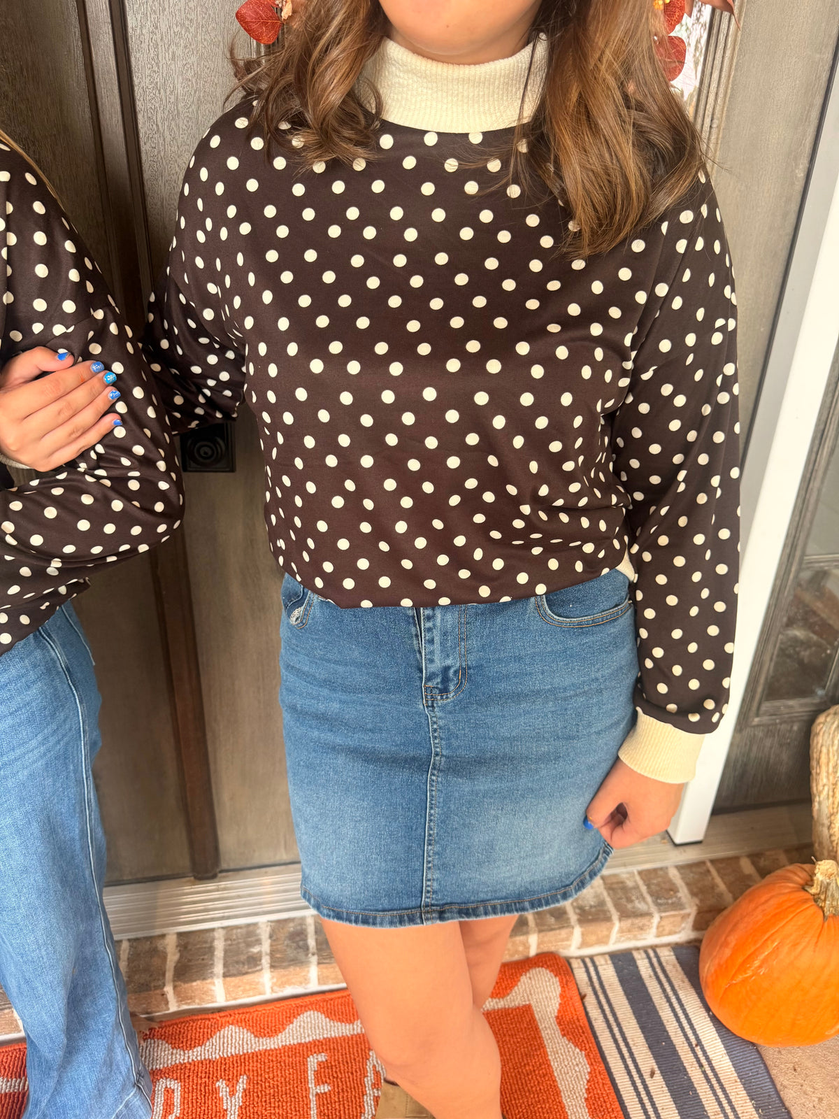 Chocolate Brown Polkadot Ribbed Cuff Pullover Top