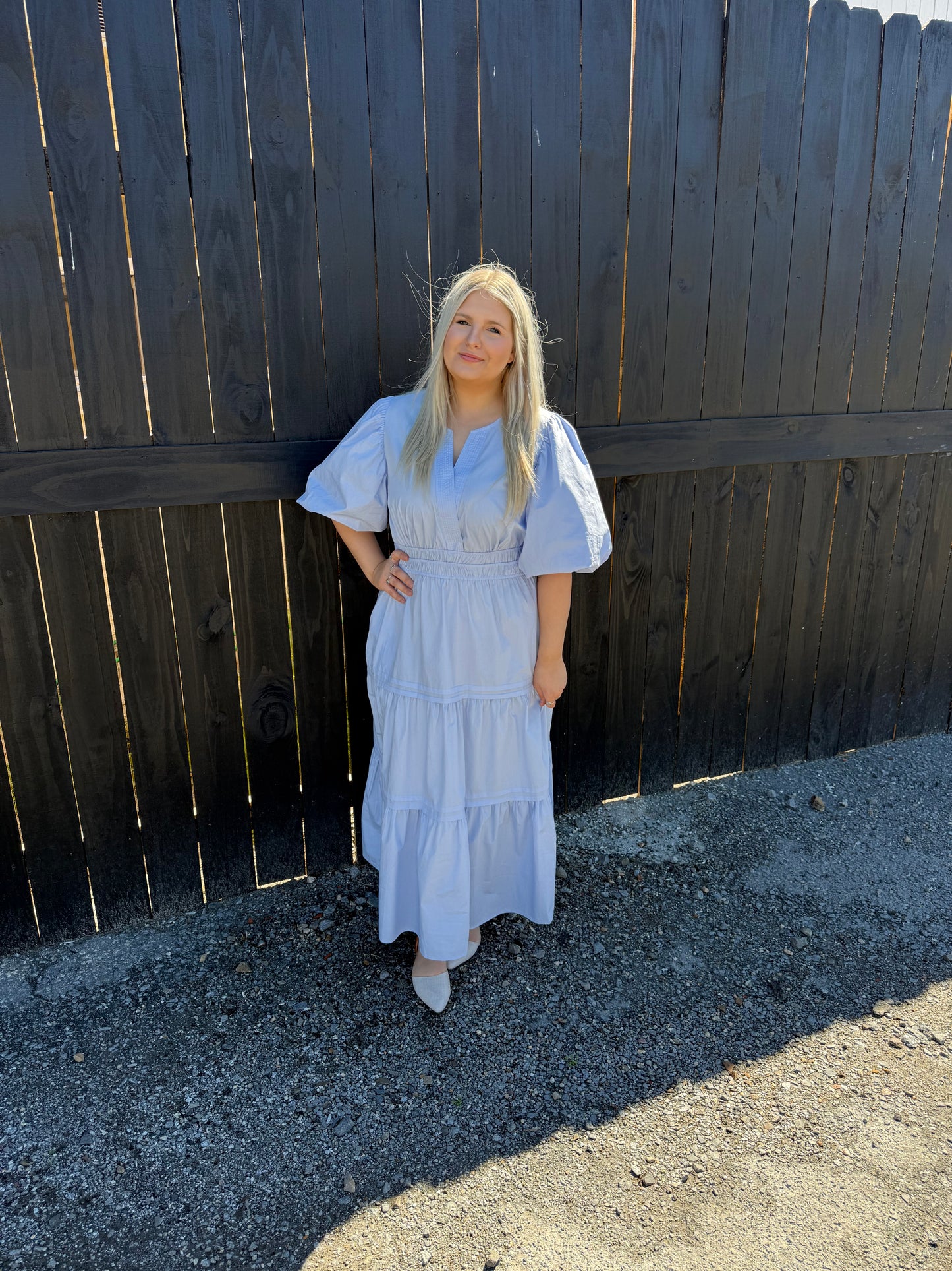 Plus Baby Blue Poplin Woven Tiered Dress