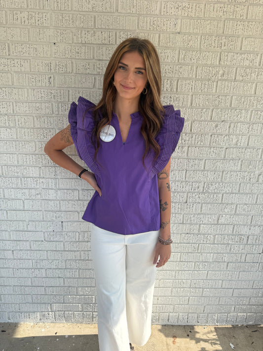 Purple V Neck Ruffle Sleeve Top