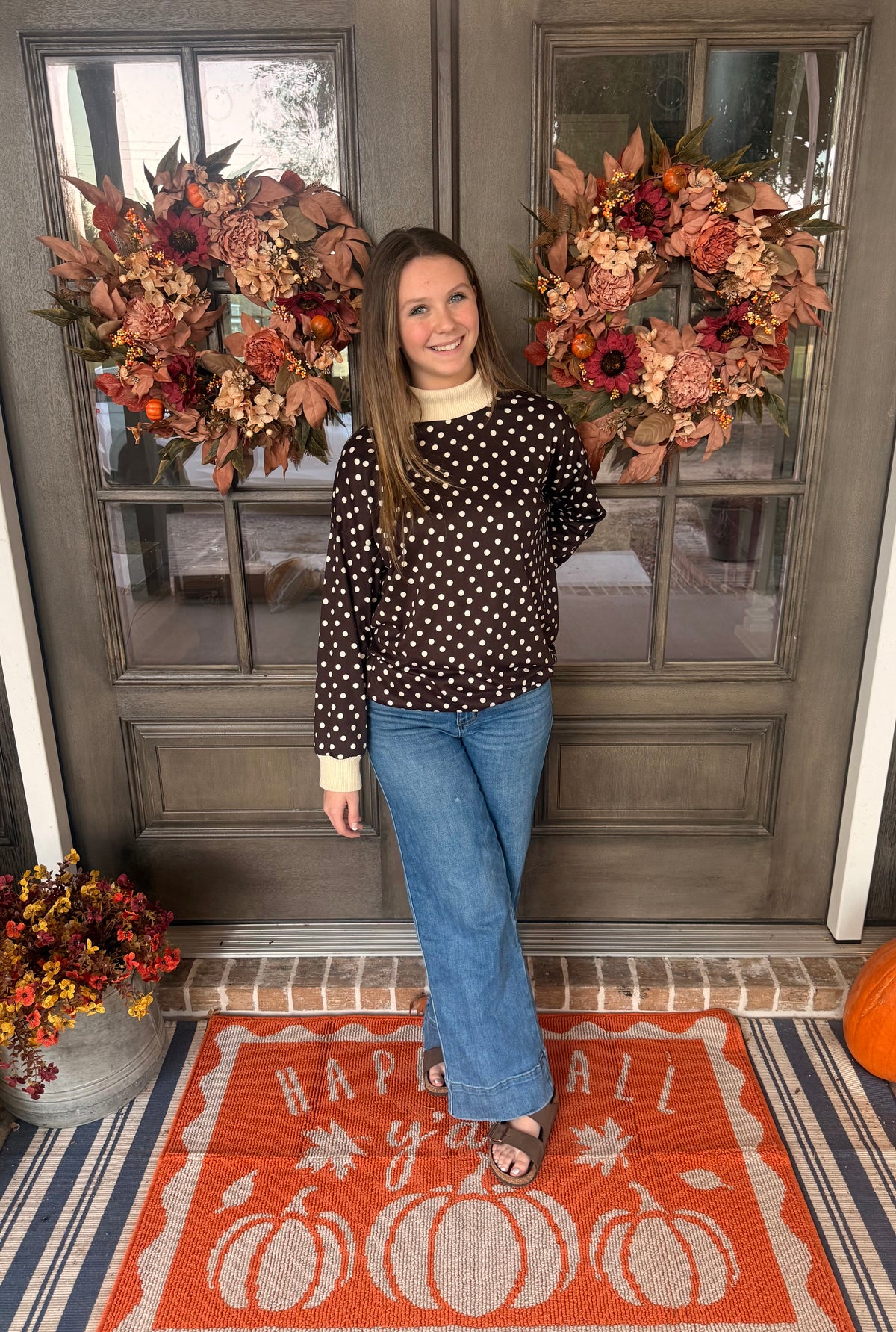 Chocolate Brown Polkadot Ribbed Cuff Pullover Top