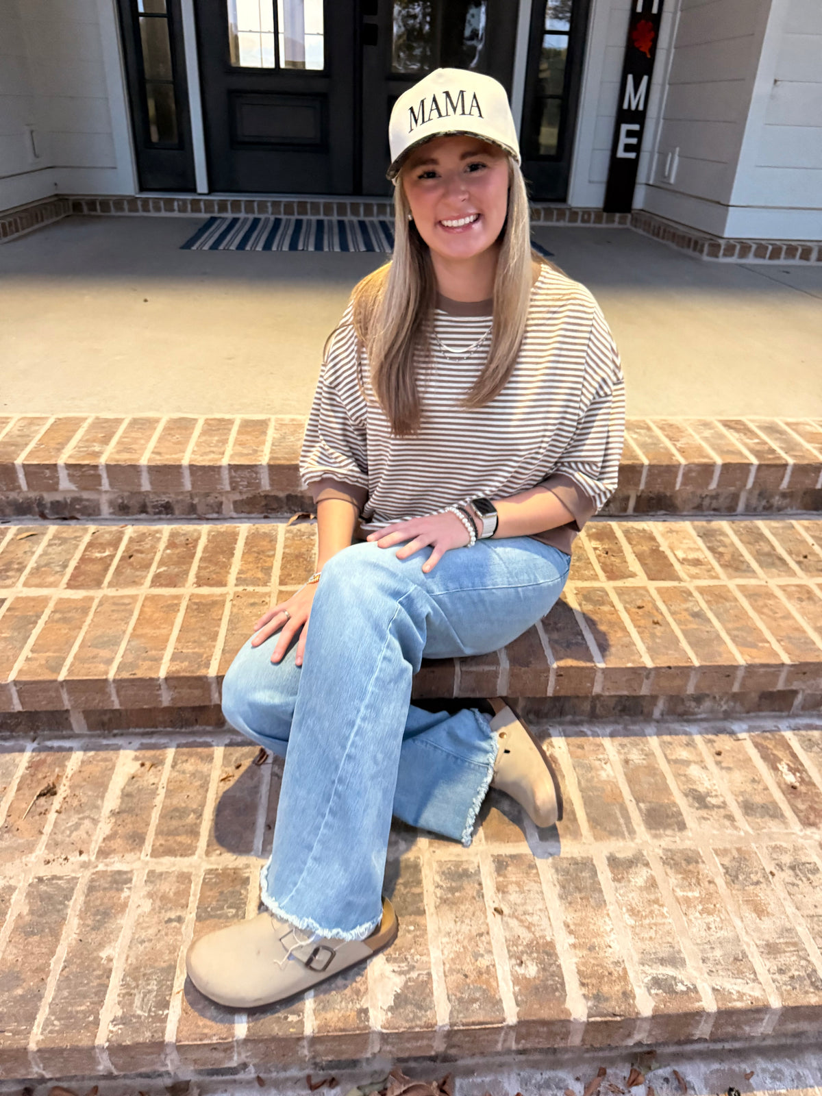 Mocha Striped Contrast Trim Top