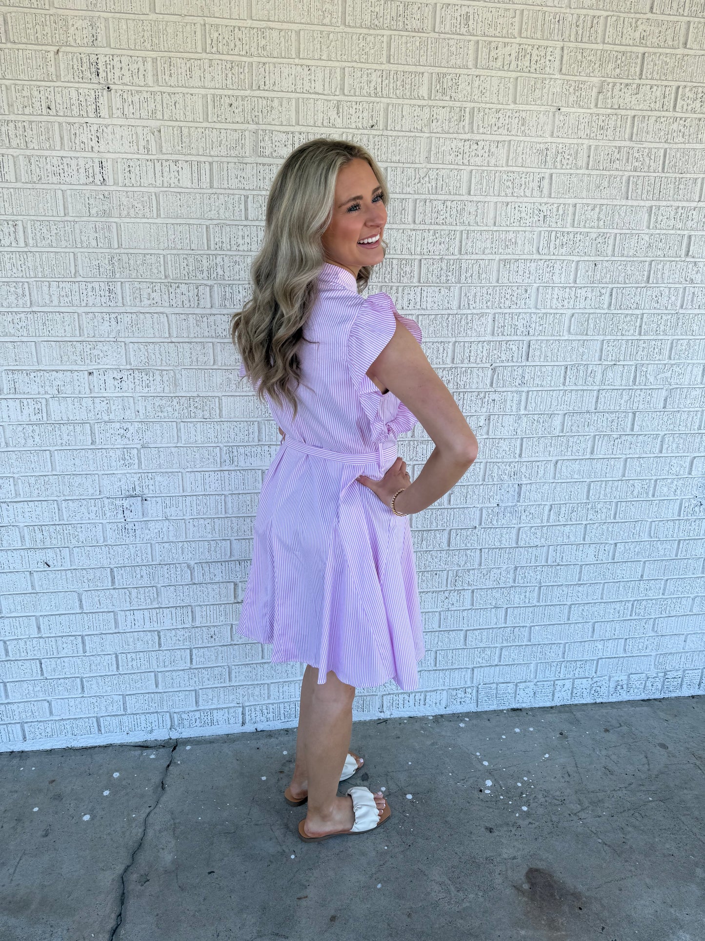 Pink Striped Ruffle Sleeve Dress