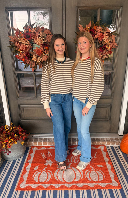 Mocha and Cream Stripped Long Sleeve top with a Fleece Lined Inside