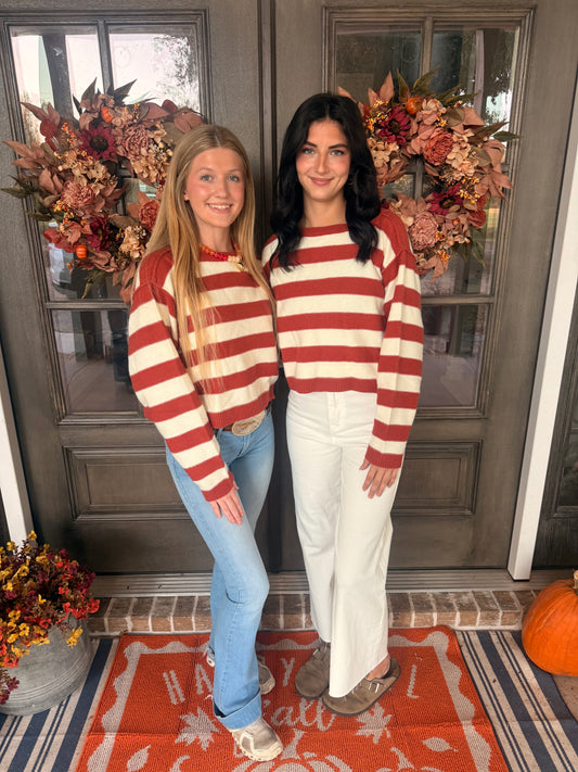 Rust And White Stripped Boatneck Knit Sweater