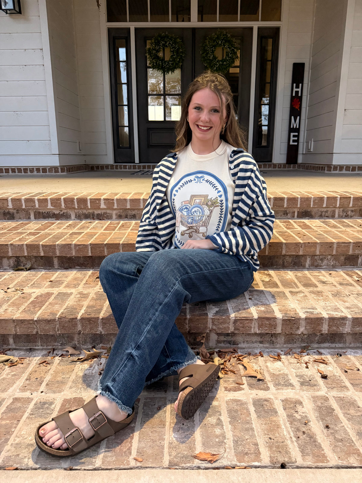 Navy Striped Button Down Collared Sweater/Cardigan