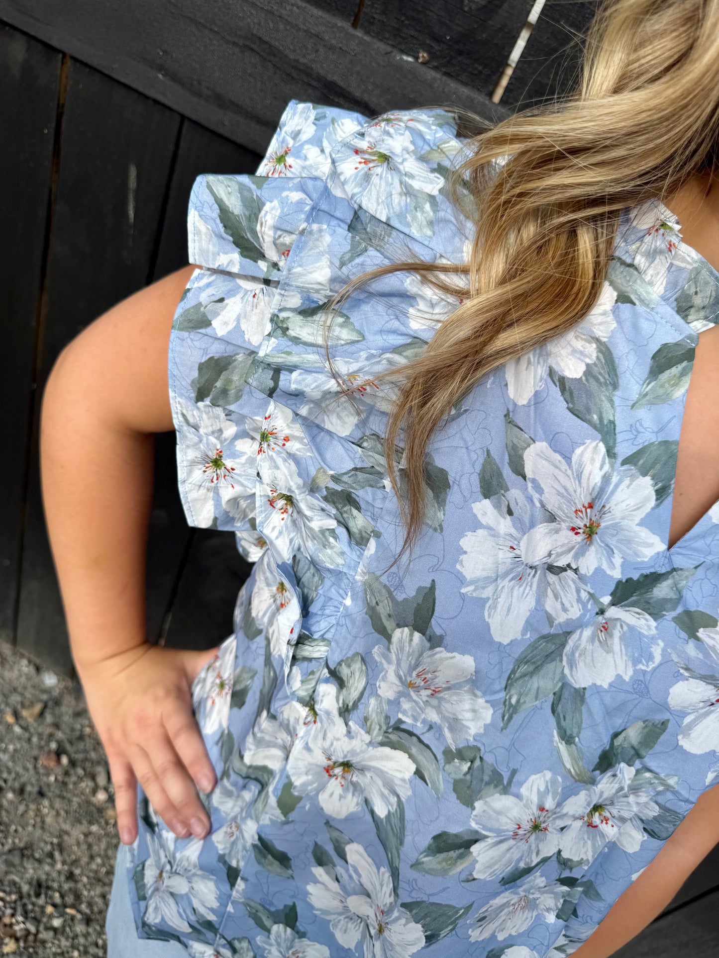 Blue Magnolia Ruffle Sleeve Top