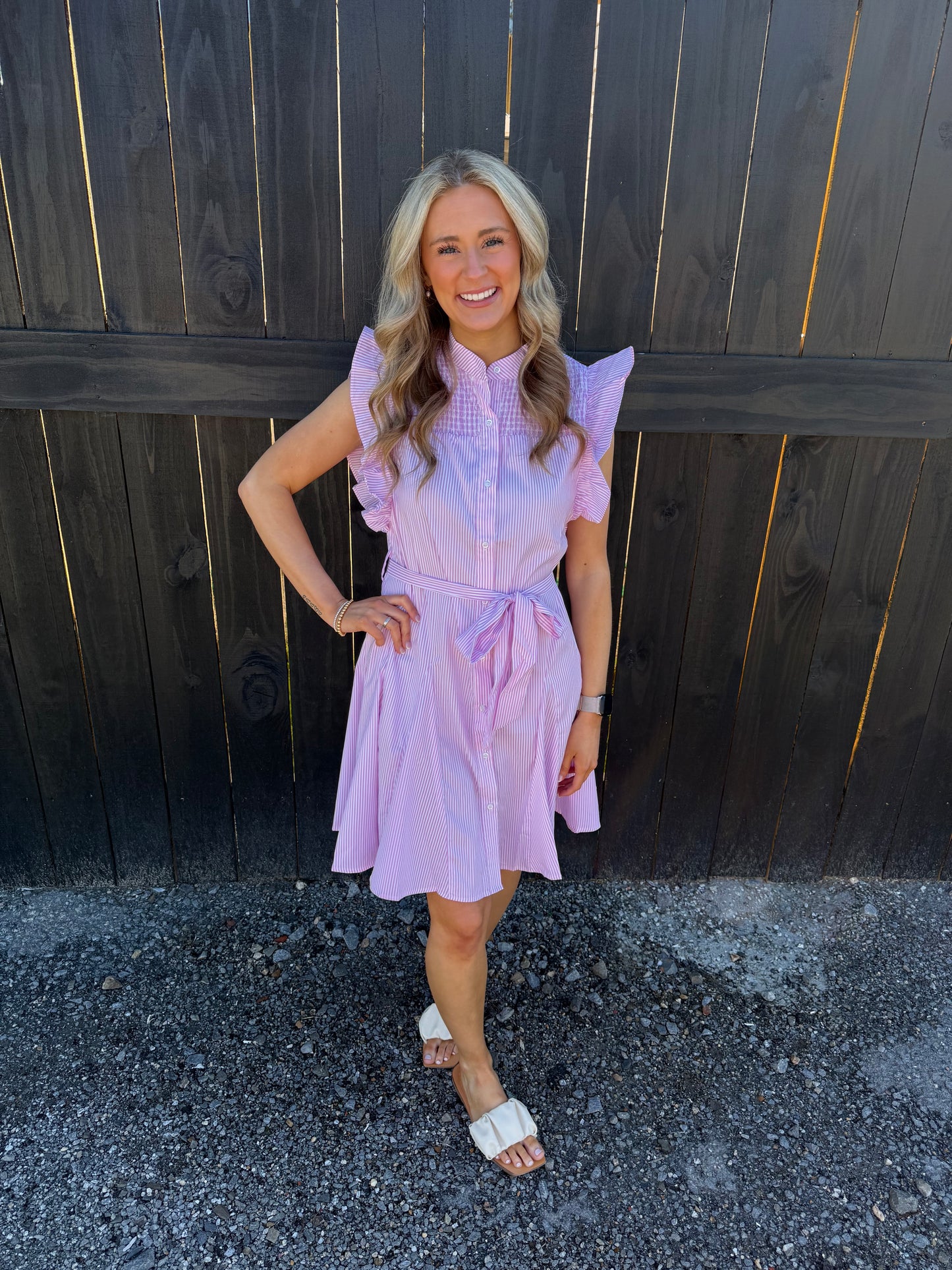 Pink Striped Ruffle Sleeve Dress