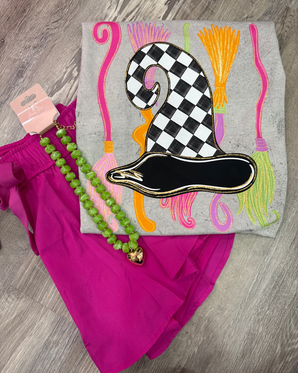 Colorful Witches Hat & Broom on Comfort Colors Smoke Colorblasted T-shirt