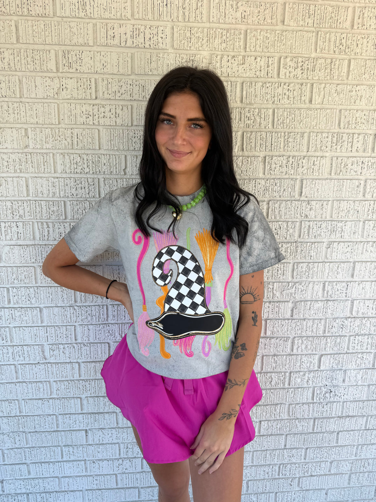 Colorful Witches Hat & Broom on Comfort Colors Smoke Colorblasted T-shirt