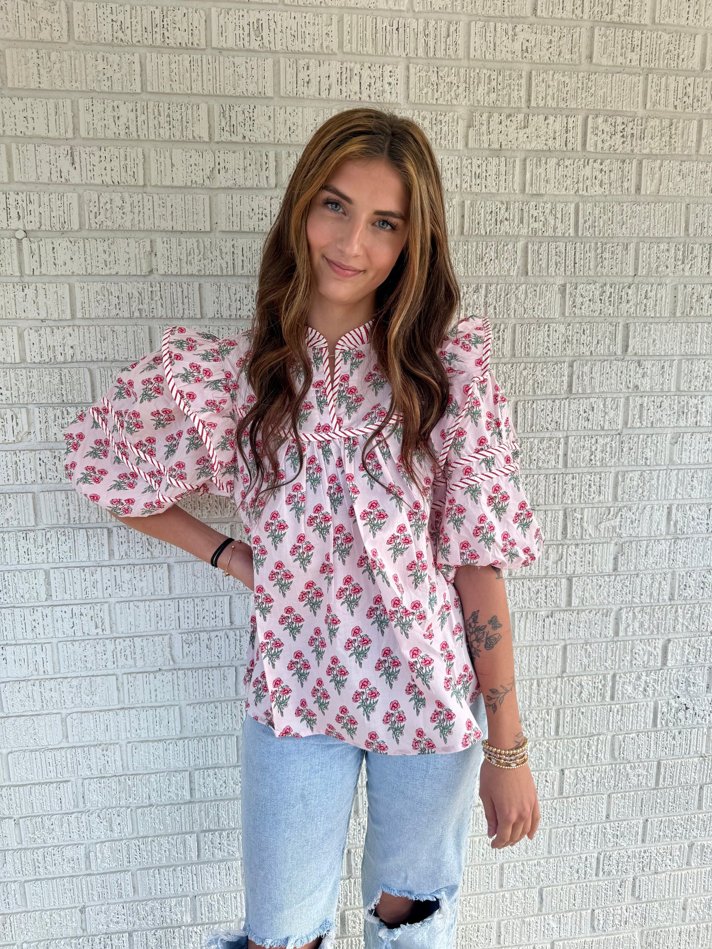 Pink Floral Bloom Ruffle Top