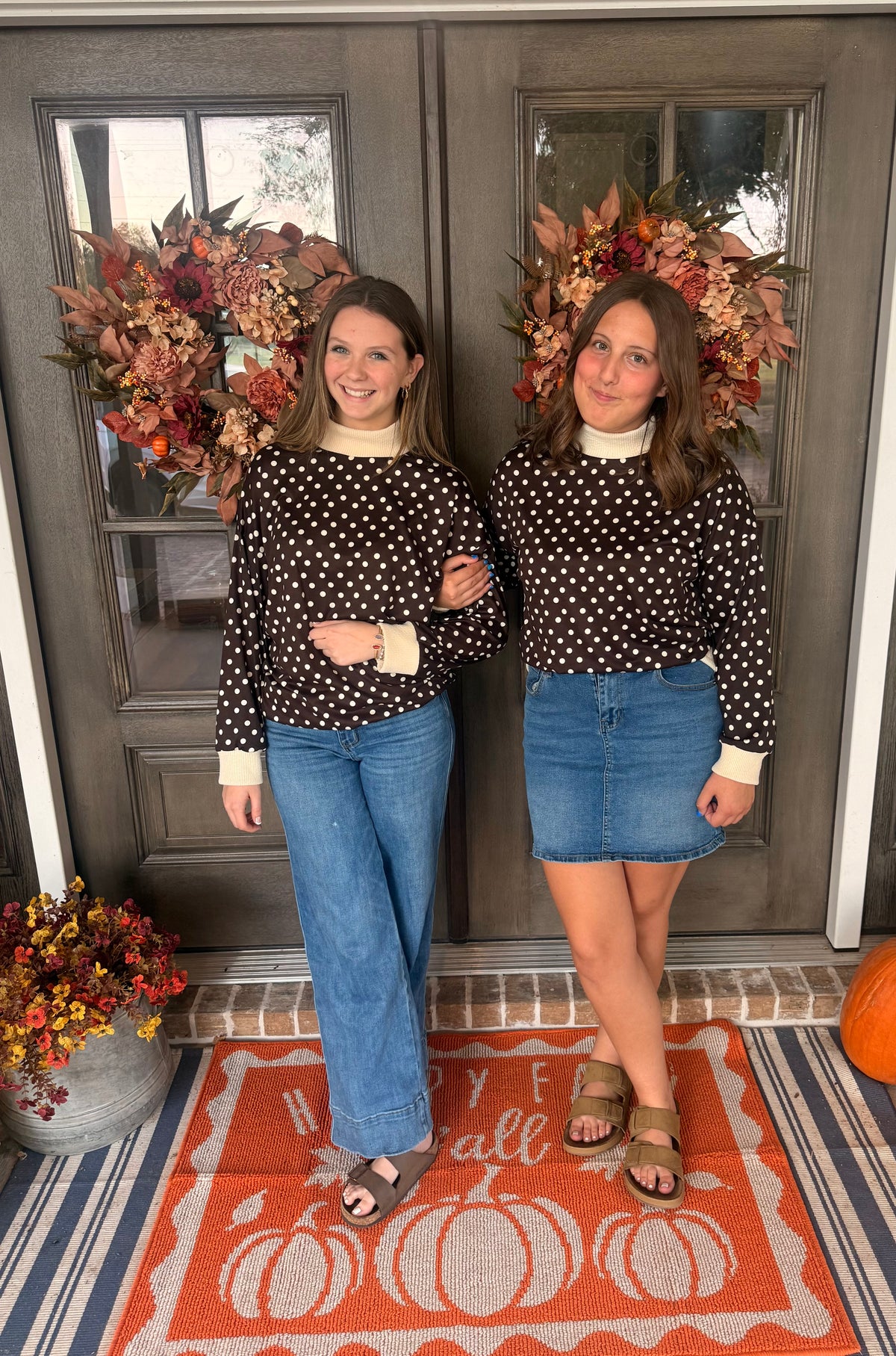Chocolate Brown Polkadot Ribbed Cuff Pullover Top