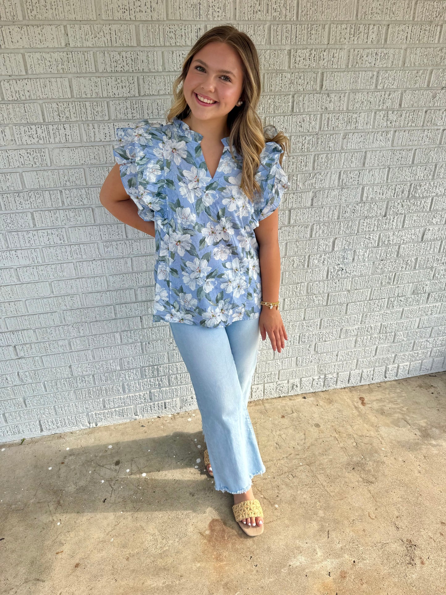 Blue Magnolia Ruffle Sleeve Top
