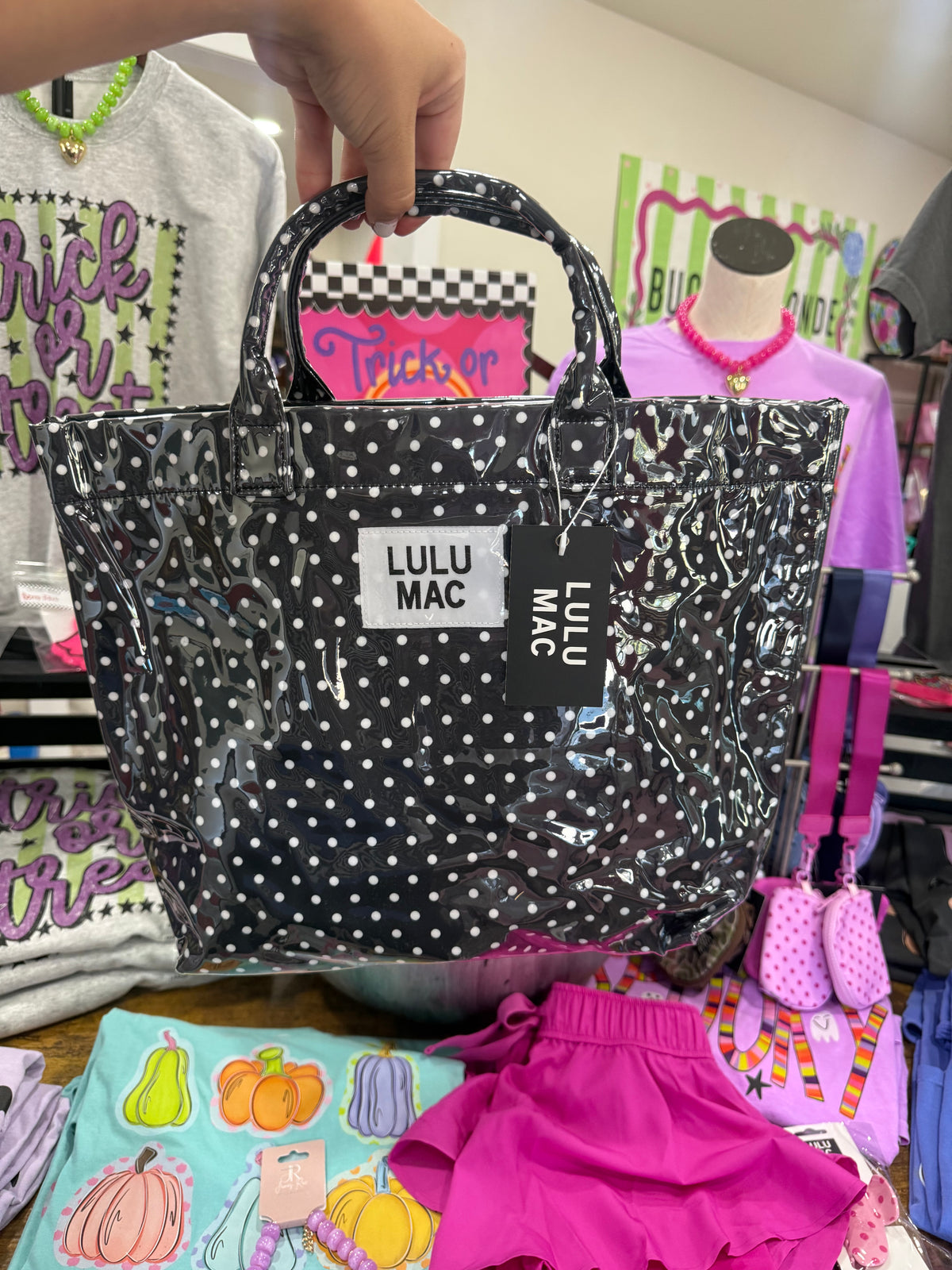 Black & white polkadot Lulu Mac Bag