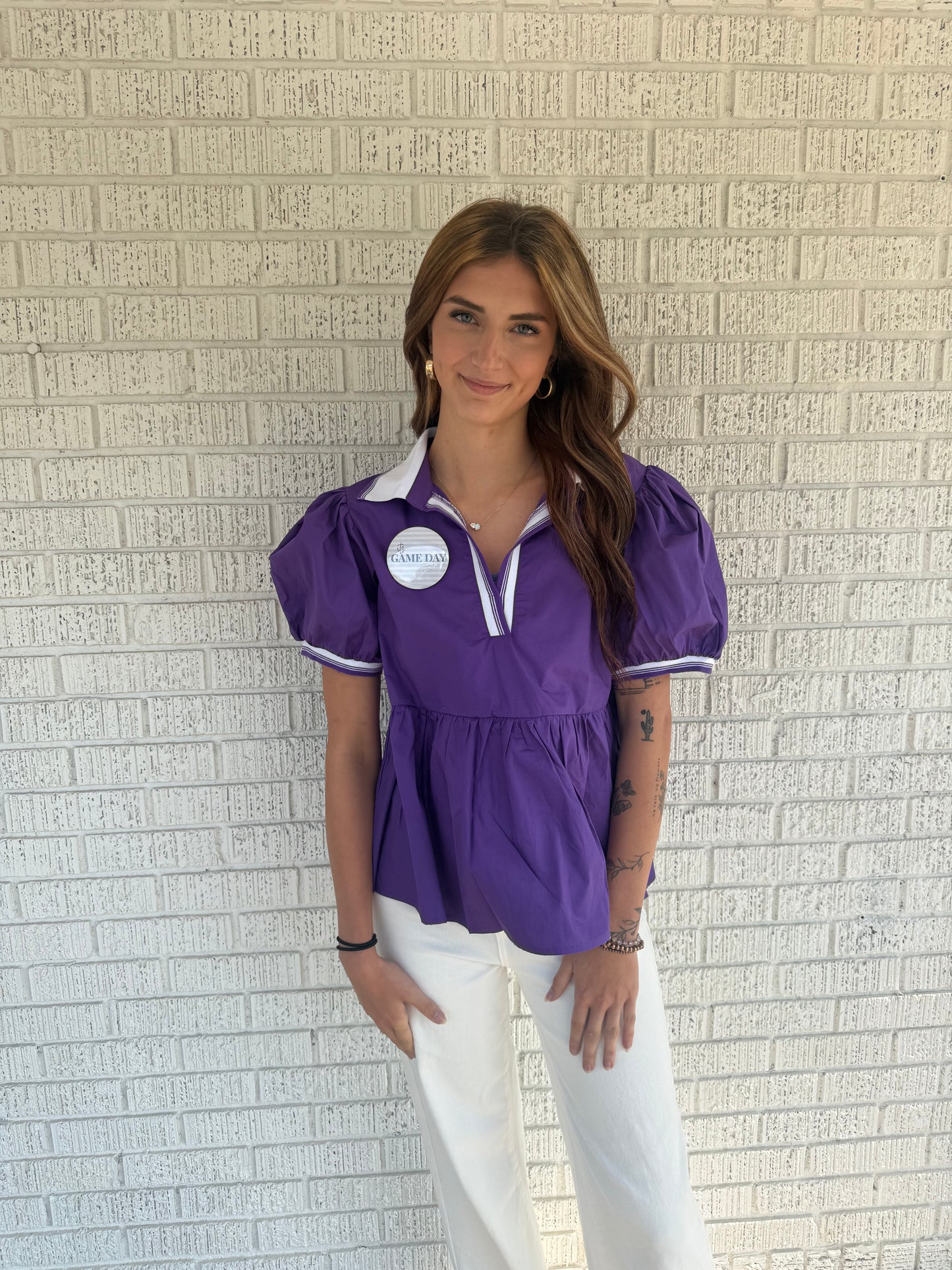 Purple and White V Neck Collar and Puff Sleeve Top