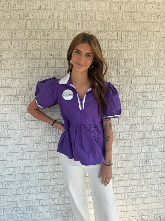 Purple and White V Neck Collar and Puff Sleeve Top