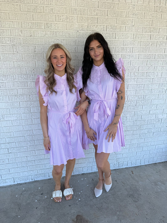 Pink Striped Ruffle Sleeve Dress