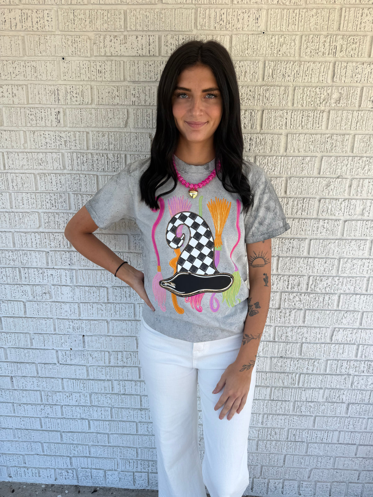 Colorful Witches Hat & Broom on Comfort Colors Smoke Colorblasted T-shirt