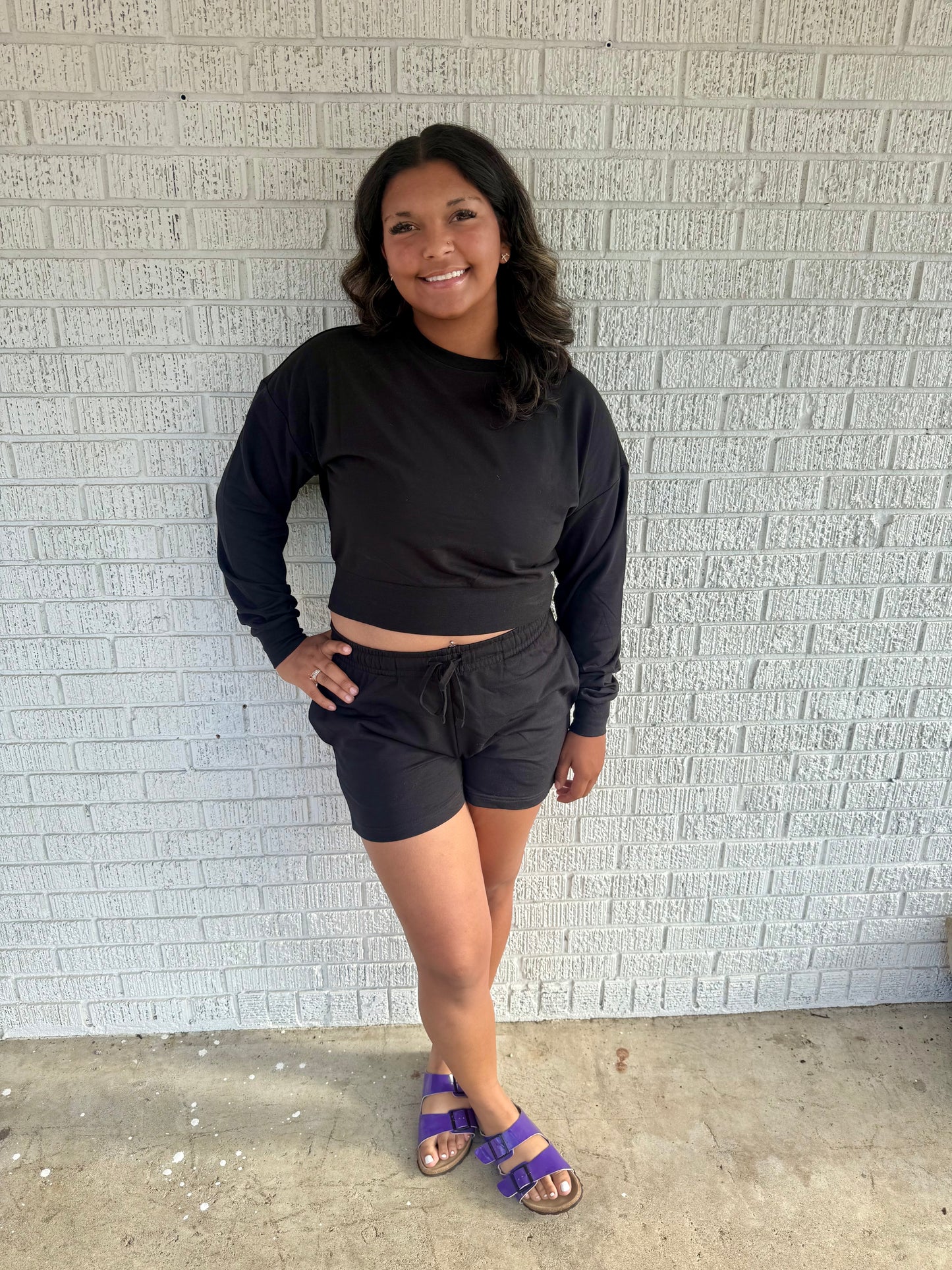 Black French Terry Sweatshirt w/ Shorts Loungewear Activewear Set