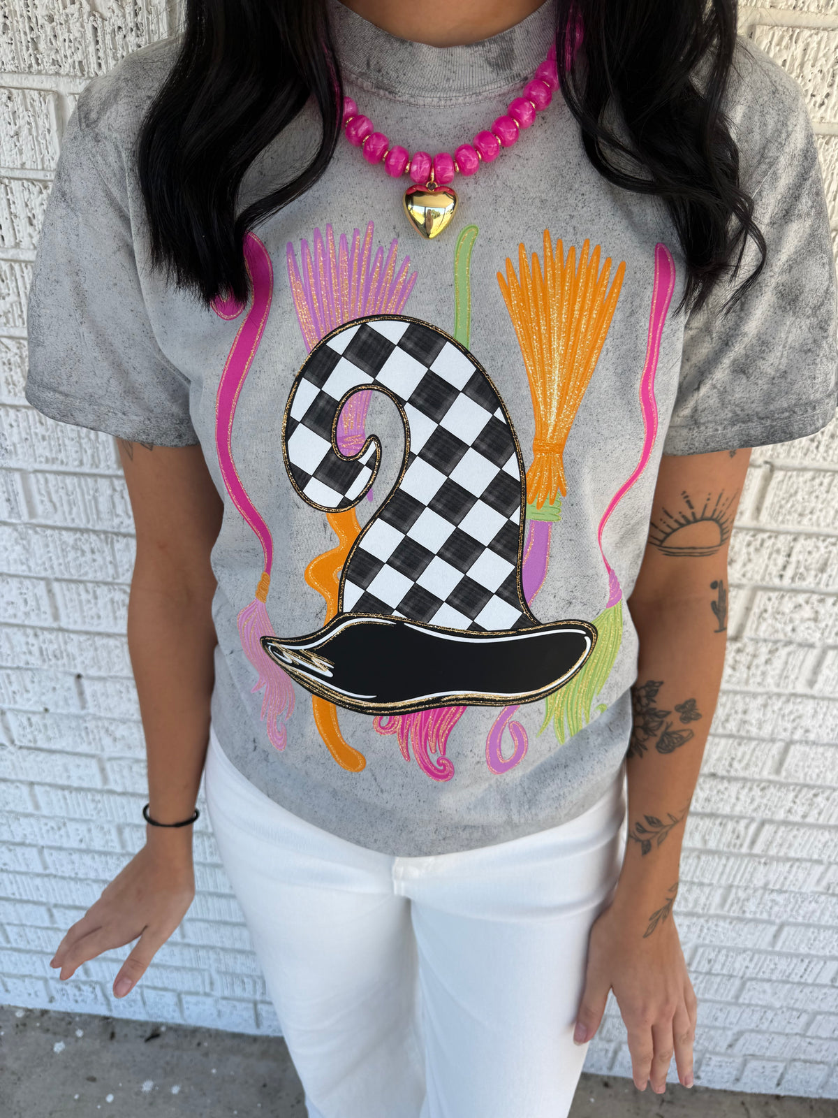 Colorful Witches Hat & Broom on Comfort Colors Smoke Colorblasted T-shirt