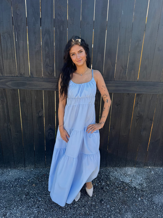 Baby Blue Poplin Tiered Dress ￼