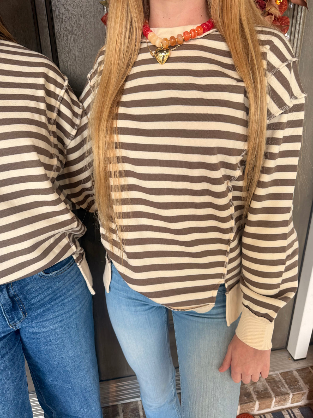 Mocha and Cream Stripped Long Sleeve top with a Fleece Lined Inside