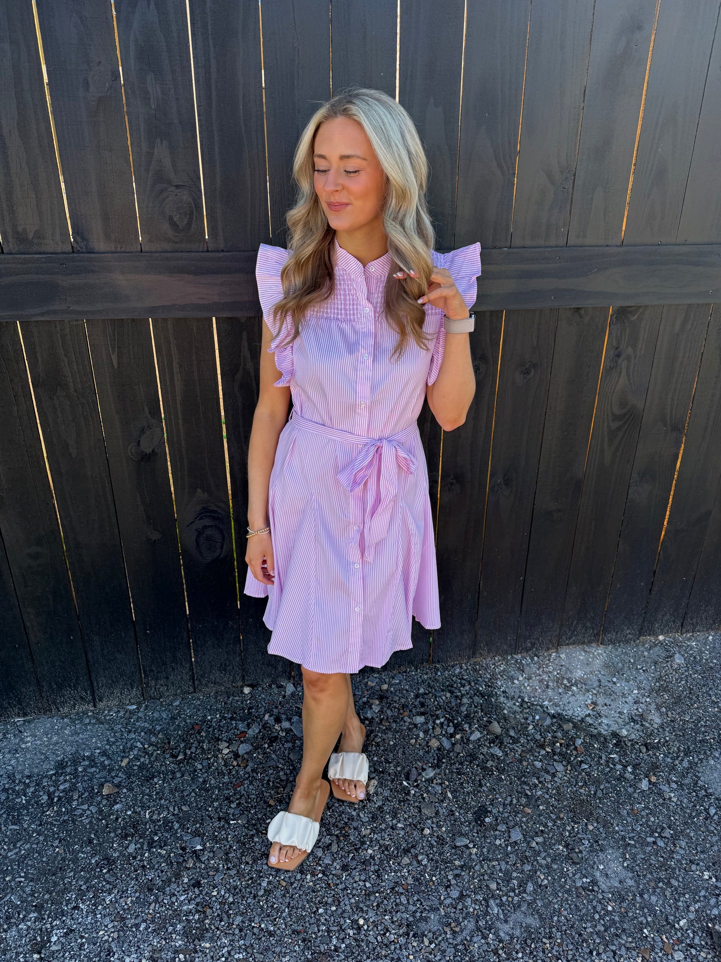 Pink Striped Ruffle Sleeve Dress