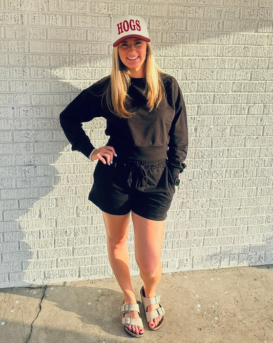 Black French Terry Sweatshirt w/ Shorts Loungewear Activewear Set