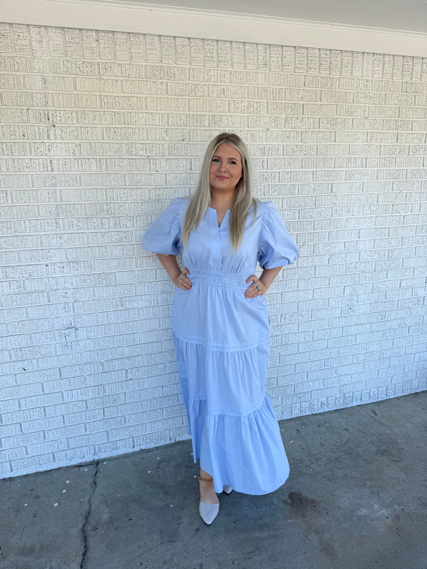 Plus Baby Blue Poplin Woven Tiered Dress