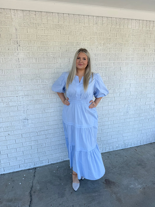 Plus Baby Blue Poplin Woven Tiered Dress