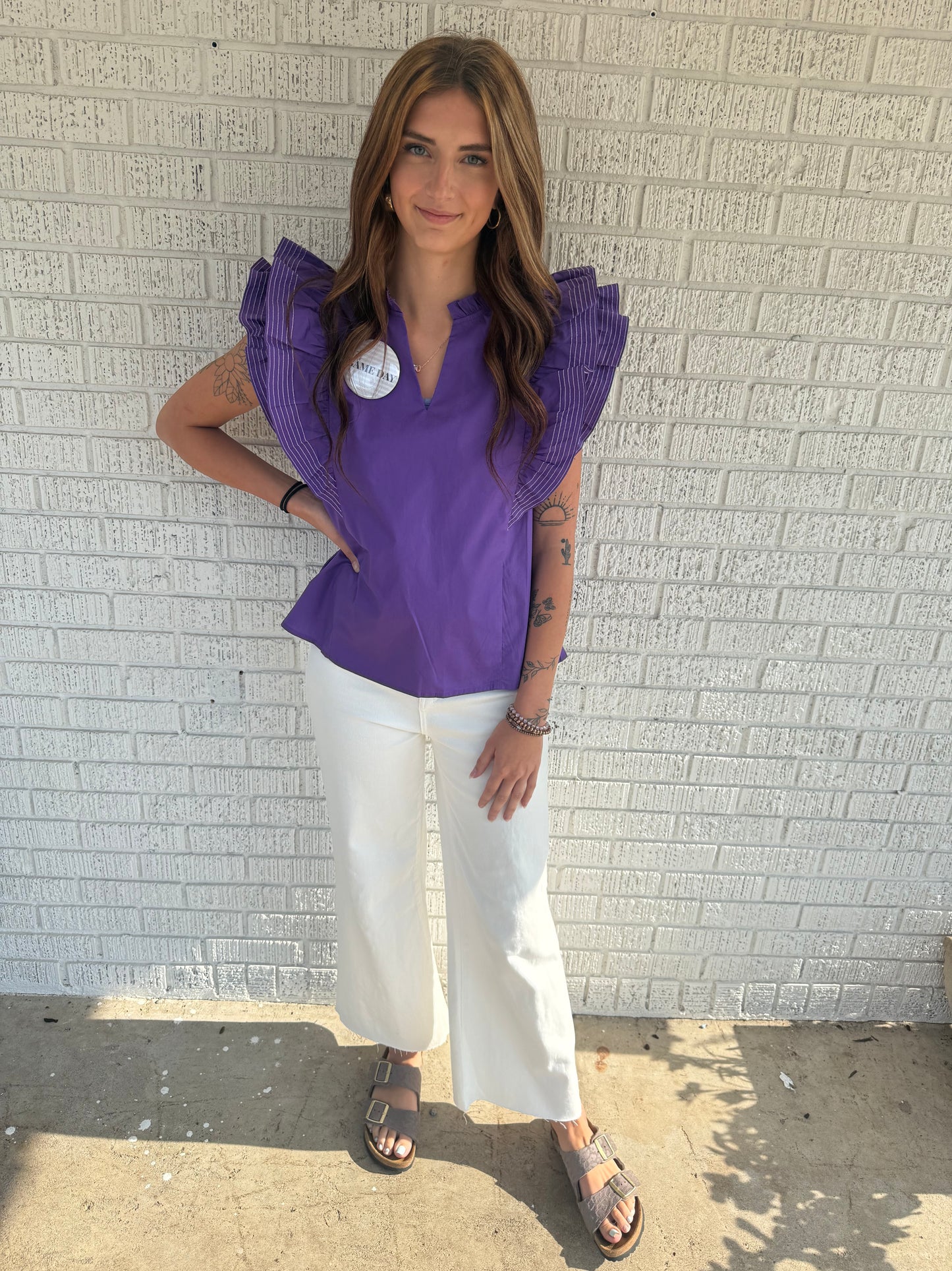 Purple V Neck Ruffle Sleeve Top