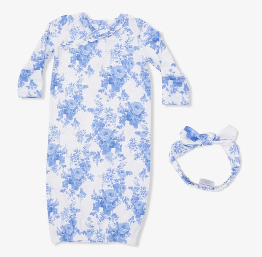 Blue Floral Cottage Gown And Knot Headband