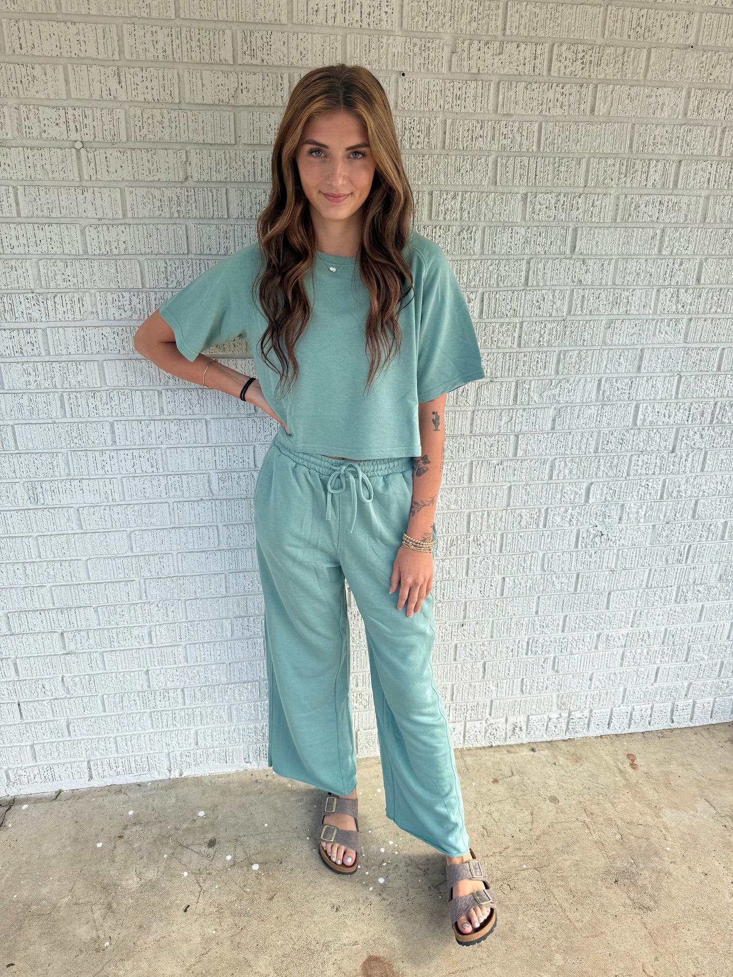 Sage Frenchterry Prewashed Sweat Shirts With Pants Loungewear Set