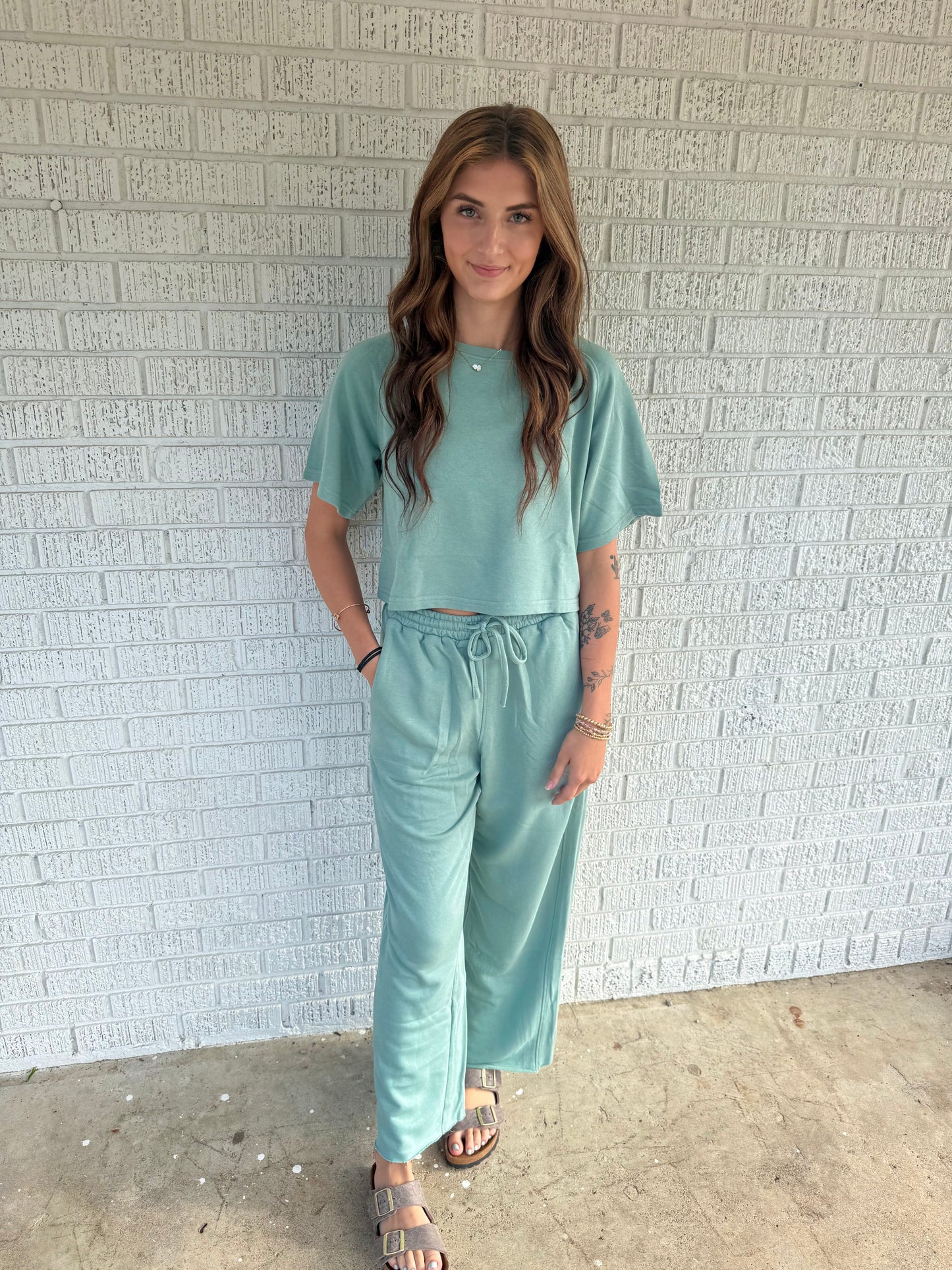 Sage Frenchterry Prewashed Sweat Shirts With Pants Loungewear Set