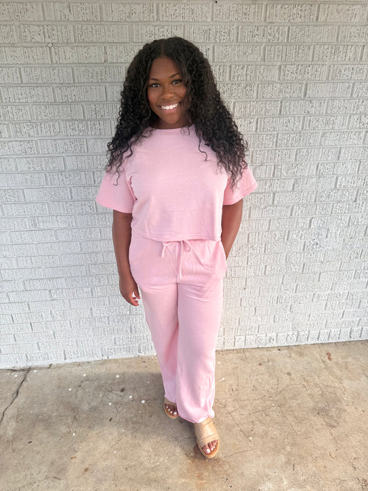 Pink Frenchterry Prewashed Sweat Shirts With Pants Loungewear Set