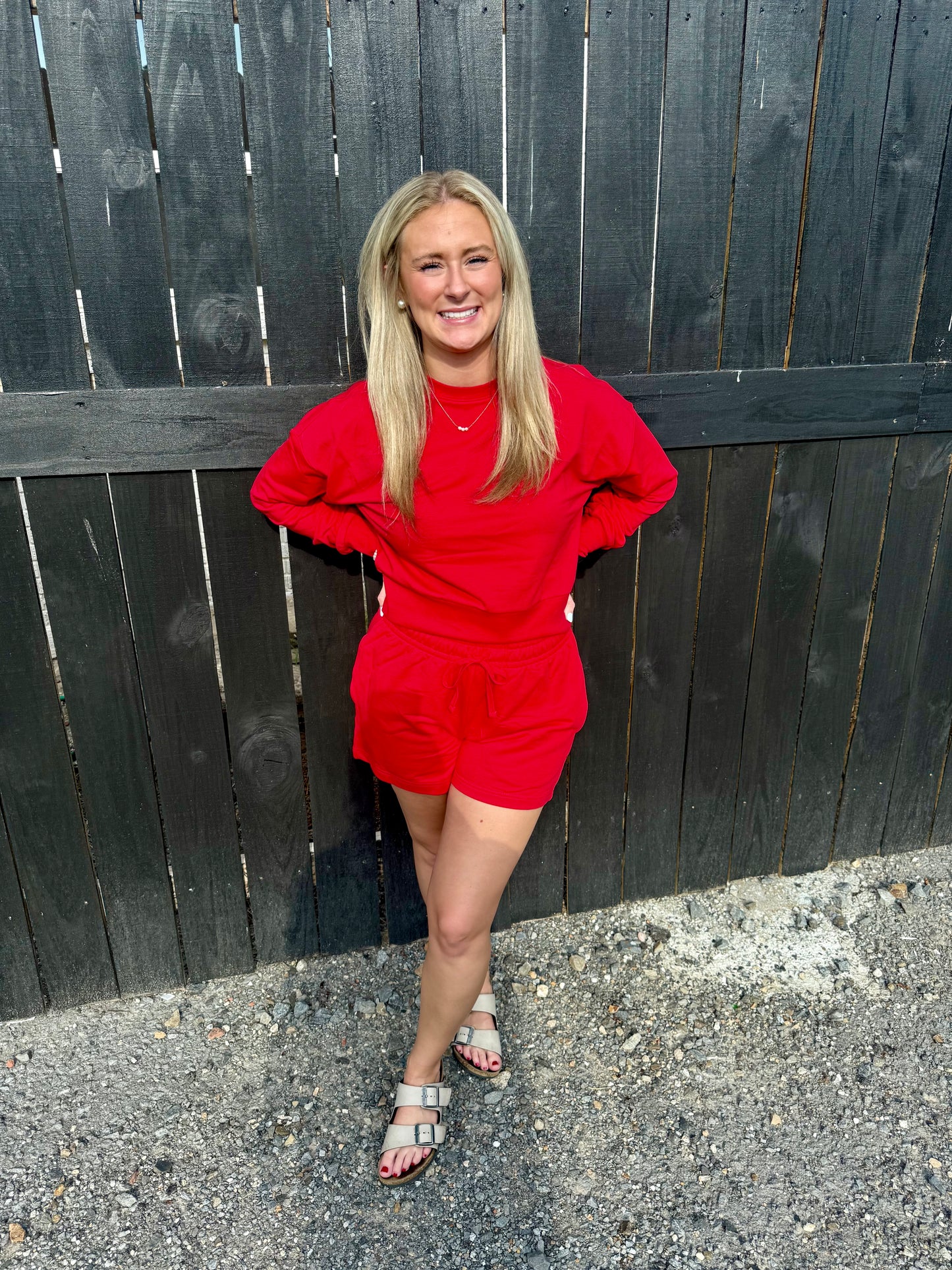 Red French Terry Sweatshirt w/ Shorts Loungewear Activewear Set