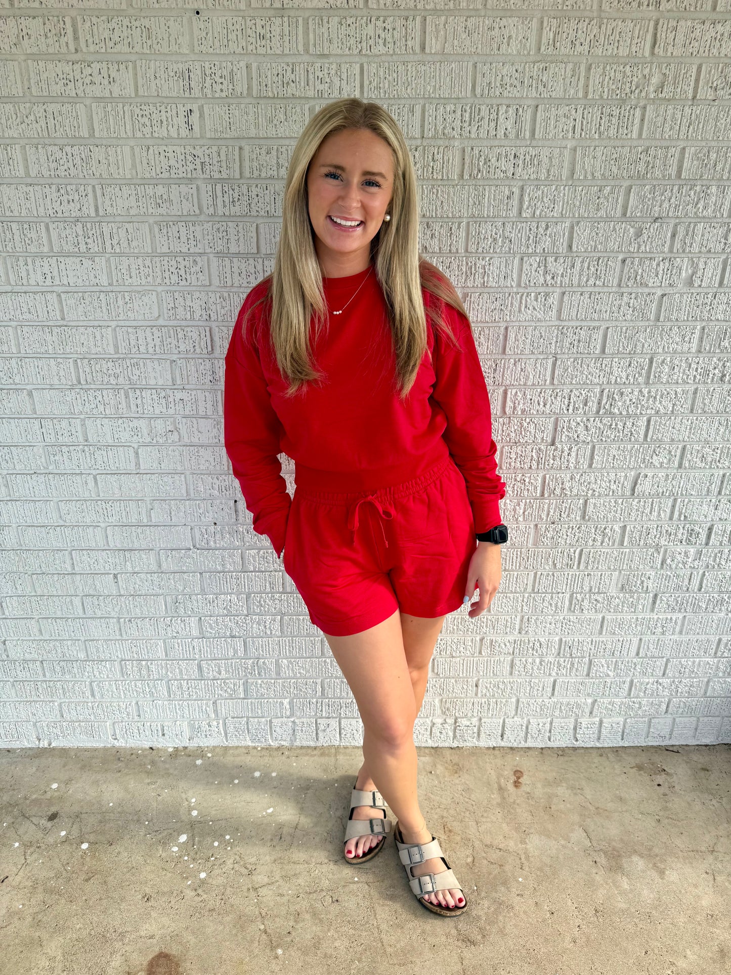 Red French Terry Sweatshirt w/ Shorts Loungewear Activewear Set