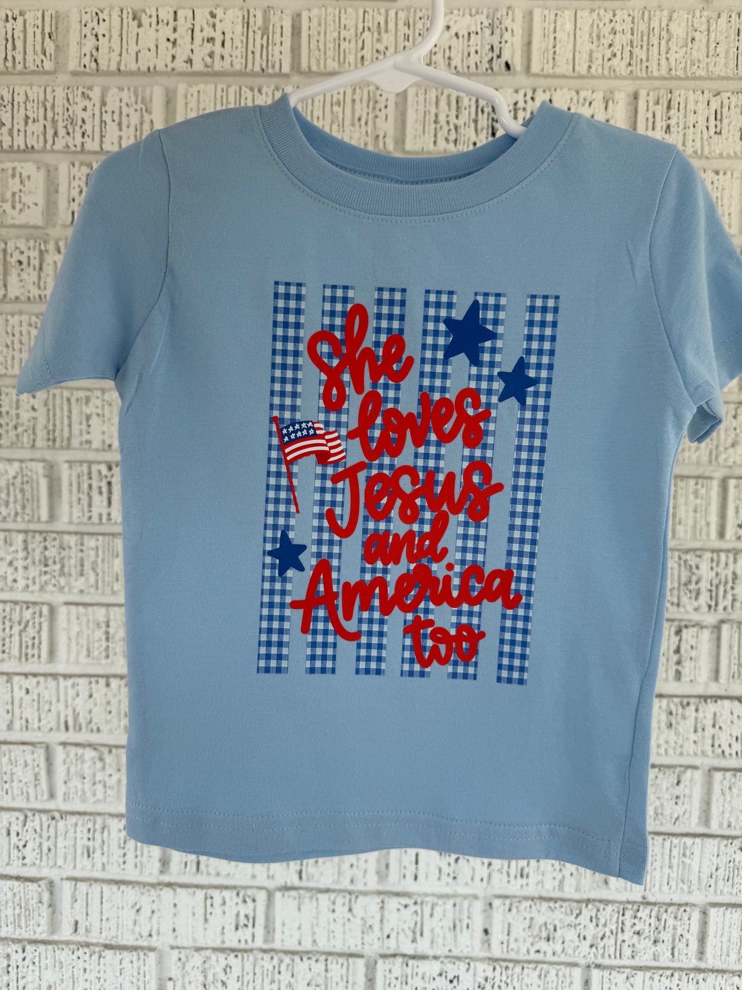 She Loves Jesus And America Too Kids Rabbit Skins T-Shirt
